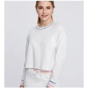 New SUNDOWN BY SPLENDID Raw Hem Distressed Crop Pullover in White size XL